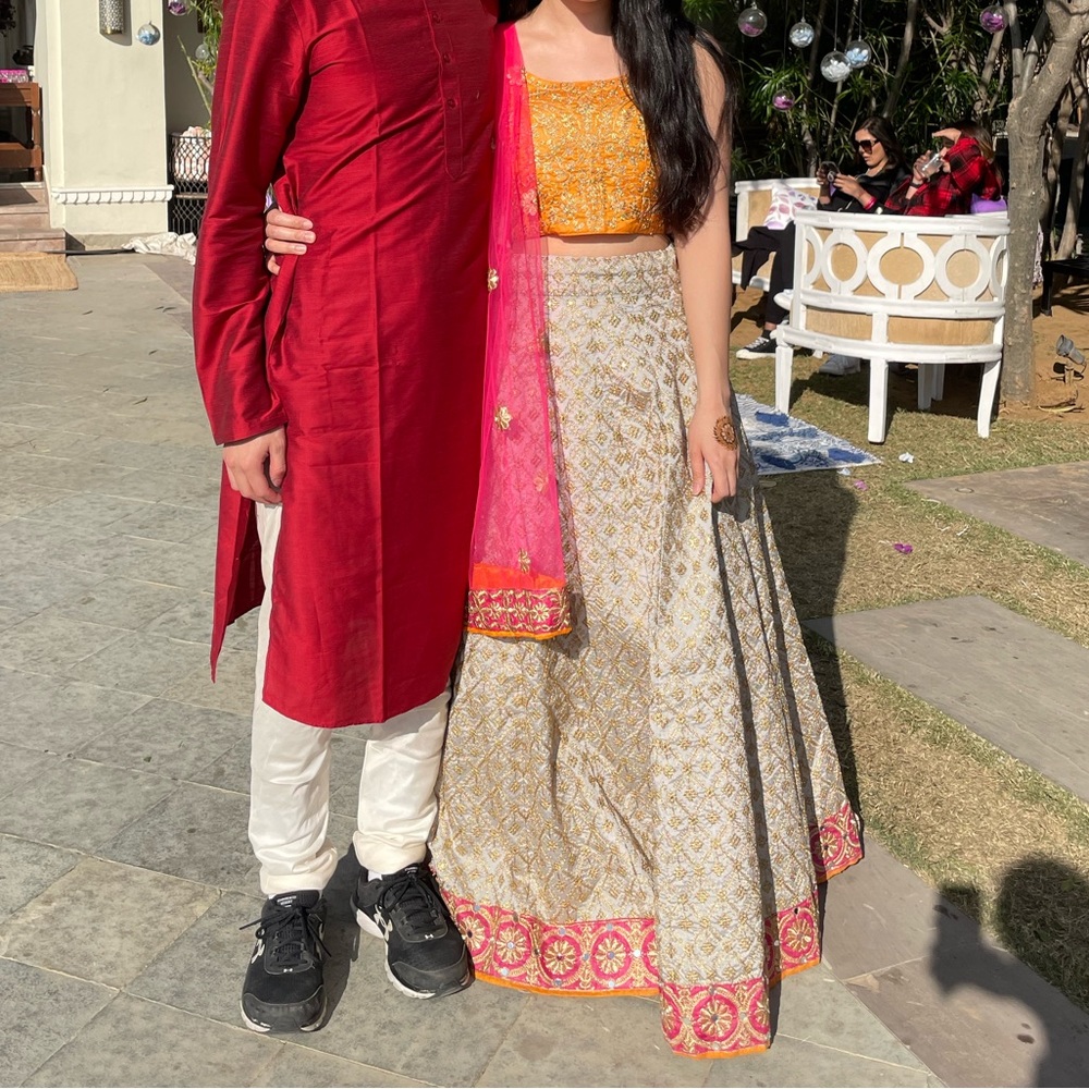 Lehenga choli and dupatta, gold embroidery pink orange